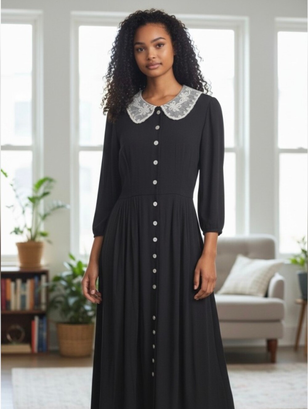 S.L. Fashions Vintage 80s Black Whimsygoth Long-Sleeve Maxi Dress Lace Collar 10 - Picture 4 of 4